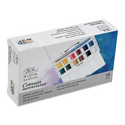 Winsor & Newton Cotman Watercolor Set - Palette Pocket Set, Set of 12, Assorted Colors, Half Pans (Front of packaging, Angled view)