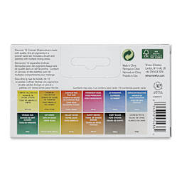 Winsor & Newton Cotman Watercolor Set - Palette Pocket Set, Set of 12, Assorted Colors, Half Pans (Back of packaging)