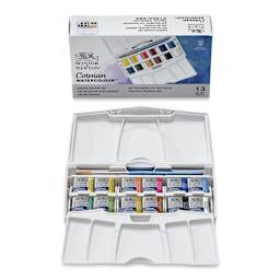 Winsor & Newton Cotman Watercolor Set - Palette Pocket Set, Set of 12, Assorted Colors, Half Pans (Front of packaging shown with open set)