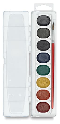 Prang Washable Watercolors - Oval Pans, Set of 8, packaging opened showing pans in tray and brush
