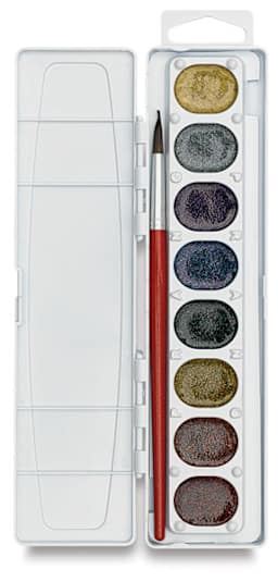 Prang Washable Watercolors - Oval Pans, Glitter, Set of 8, showing pans in tray and brush
