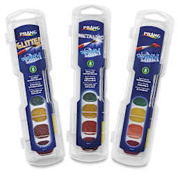 Prang Washable Watercolor Pans, three sets in various styles fanned out