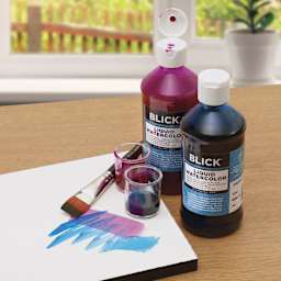 Blick Liquid Watercolors - Set of 10, Assorted Colors, 8 oz bottles, on desk