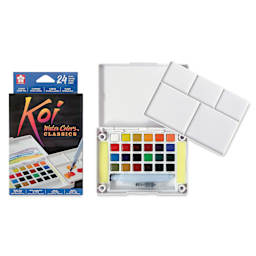 Sakura Koi Watercolor Half Pan - Set of 24 Sketch Box, Assorted Colors box front and open set