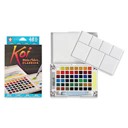 Sakura Koi Watercolor Half Pan - Set of 48 Sketch Box, Assorted Colors box front beside open set