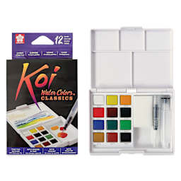 Sakura Koi Watercolor Half Pan - Set of 12 Sketch Box, Assorted Colors box front beside open set