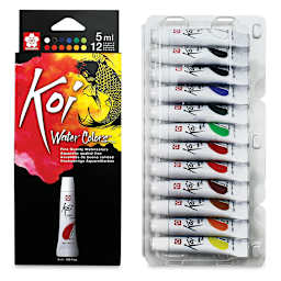 Sakura Koi Watercolor - Set of 12, Assorted Colors, 5 ml, Tubes (Front of packaging shown with tubes in tray)