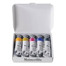 Maimeri Blu Artist Watercolor - Introduction Set of 5, Assorted Colors, 12 ml Tubes (Tubes in packaging, Box lid open)