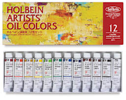Holbein Artists' Oil Paint Sets - Set of 12 tubes in package storage tray with cover above