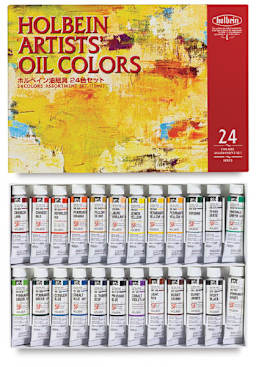 Holbein Artists' Oil Paint Sets - Set of 24 tubes in package storage tray with cover above