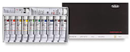 Holbein Artists' Oil Paint Sets - Set of 12 tubes in package storage tray next to cover