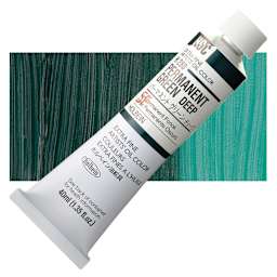 Holbein Artists' Oil Color - Permanent Green Deep, 40 ml tube and swatch