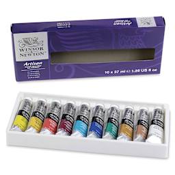 Winsor & Newton Artisan Water Mixable Oil Paint - 10 37 ml Tubes shown in open tray with package
