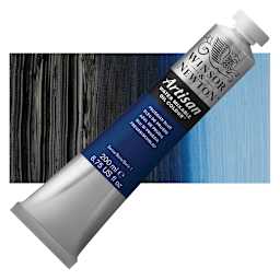 Winsor & Newton Artisan Water Mixable Oil Paint - Prussian Blue, 200 ml tube and swatch