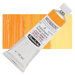 Schmincke Mussini Oil Color - Indian Yellow, 35 ml tube and swatch