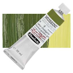 Schmincke Mussini Oil Color - Translucent Golden Green, 35 ml Tube and swatch