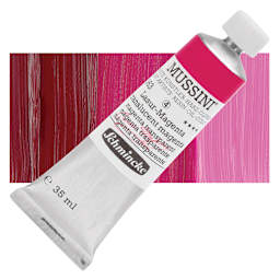 Schmincke Mussini Oil Color - Translucent Magenta, 35 ml tube and swatch