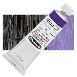 Schmincke Mussini Oil Color - Translucent Violet, 35 ml tube and swatch