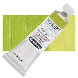 Schmincke Mussini Oil Color - Yellowish Green, 35 ml tube and swatch