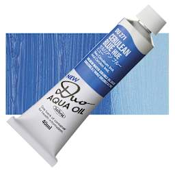 Holbein Duo Aqua Water Soluble Oil - Cerulean Blue Hue, 40 ml tube and swatch