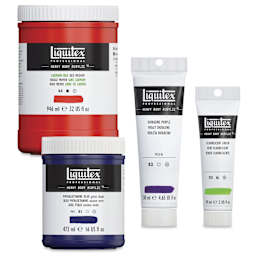 Liquitex Professional Heavy Body Acrylic Paints - 32 oz Cadmium Free Red Medium jar, 16 oz Phthalo Blue (Green Shade) jar, 4.65 oz Dioxazine Purple Tube, and 2 oz Fluorescent Green tube
