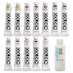 Golden Heavy Body Artist Acrylic Set - Mixing Set of 12 with Gloss Glazing Liquid, 22 ml Tubes (out of packaging)
