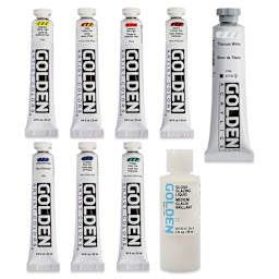 Golden Heavy Body Artist Acrylic Set - Traditional Set of 7 with 59 ml White and Gloss Glazing Liquid, 22 ml Tubes (out of packaging)