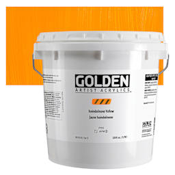 Golden Heavy Body Acrylic Paint - Isoindolinone Yellow, 3.78 L Jar and swatch