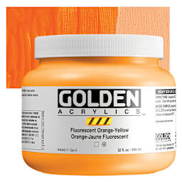  Golden Heavy Body Artist Acrylics - Fluorescent Orange-Yellow, 32 oz Jar and Swatch