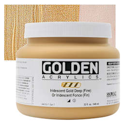 Golden Heavy Body Artist Acrylic - Iridescent Gold Deep (Fine), 32 oz Jar and swatch