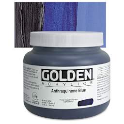 Golden Heavy Body Artist Acrylic - Anthraquinone Blue, 32 oz Jar and swatch
