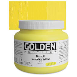 Golden Heavy Body Artist Acrylic - Bismuth Vanadate Yellow, 32 oz Jar and swatch
