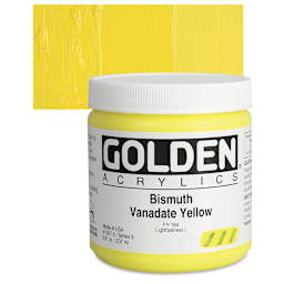 Golden Heavy Body Artist Acrylic - Bismuth Vanadate Yellow, 8 oz Jar and swatch