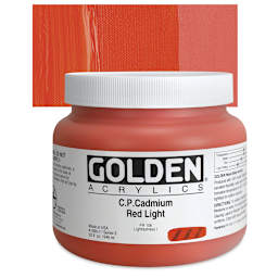Golden Heavy Body Artist Acrylic - Cadmium Red Light, 32 oz Jar and swatch