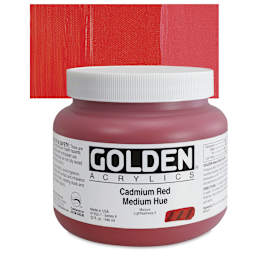 Golden Heavy Body Artist Acrylic - Cadmium Red Medium Hue, 32 oz Jar and swatch
