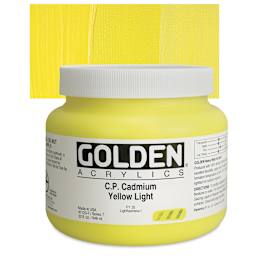 Golden Heavy Body Artist Acrylic - Cadmium Yellow Light, 32 oz Jar and swatch