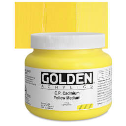 Golden Heavy Body Artist Acrylic - Cadmium Yellow Medium, 32 oz Jar and swatch