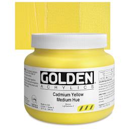 Golden Heavy Body Artist Acrylic - Cadmium Yellow Medium Hue, 32 oz Jar and swatch