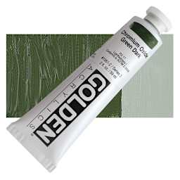 Golden Heavy Body Artist Acrylic - Chromium Oxide Green Dark, 2 oz Tube and swatch