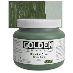 Golden Heavy Body Artist Acrylic - Chromium Oxide Green Dark, 32 oz Jar and swatch
