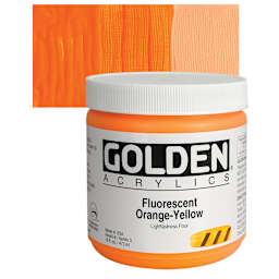 Golden Heavy Body Artist Acrylic - Fluorescent Orange Yellow, 16 oz jar and swatch