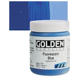 Golden Heavy Body Artist Acrylic - Fluorescent Blue, 4 oz Jar and swatch