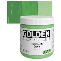 Golden Heavy Body Artist Acrylic - Fluorescent Green, 16 oz jar and swatch