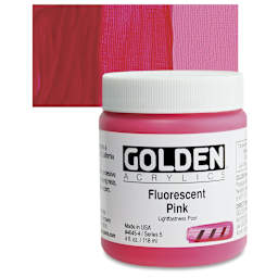 Golden Heavy Body Artist Acrylic - Fluorescent Pink, 4 oz jar and swatch