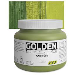 Golden Heavy Body Artist Acrylic - Green Gold, 32 oz Jar and swatch