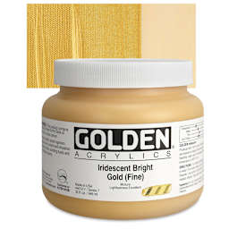 Golden Heavy Body Artist Acrylic - Iridescent Bright Gold (Fine)(65), 32 oz Jar and swatch
