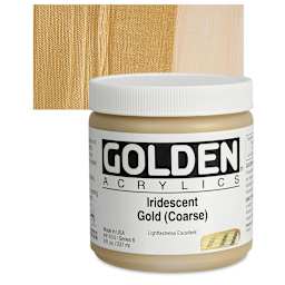 Golden Heavy Body Artist Acrylic - Iridescent Gold (Coarse), 8 oz Jar and swatch
