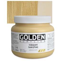 Golden Heavy Body Artist Acrylic - Iridescent Gold (Fine), 32 oz Jar and swatch