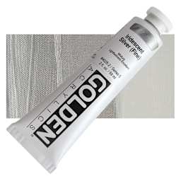 Golden Heavy Body Artist Acrylic - Iridescent Silver (Fine), 2 oz Tube and swatch