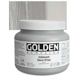 Golden Heavy Body Artist Acrylic - Iridescent Silver (Fine), 32 oz Jar and swatch